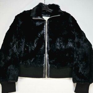 VTG Rabbit Fur Bomber Jacket Maxia Black Medium Wilson Leather Knit Cuff & Hem
